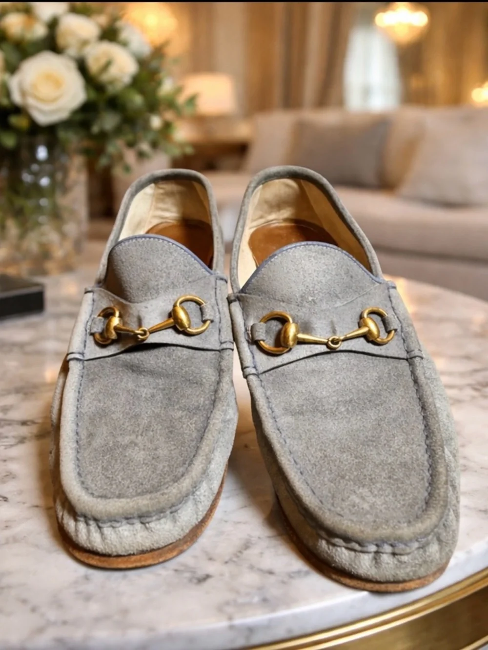 Gucci size 10 blue/grey suede horsebit slipon loafer shoes